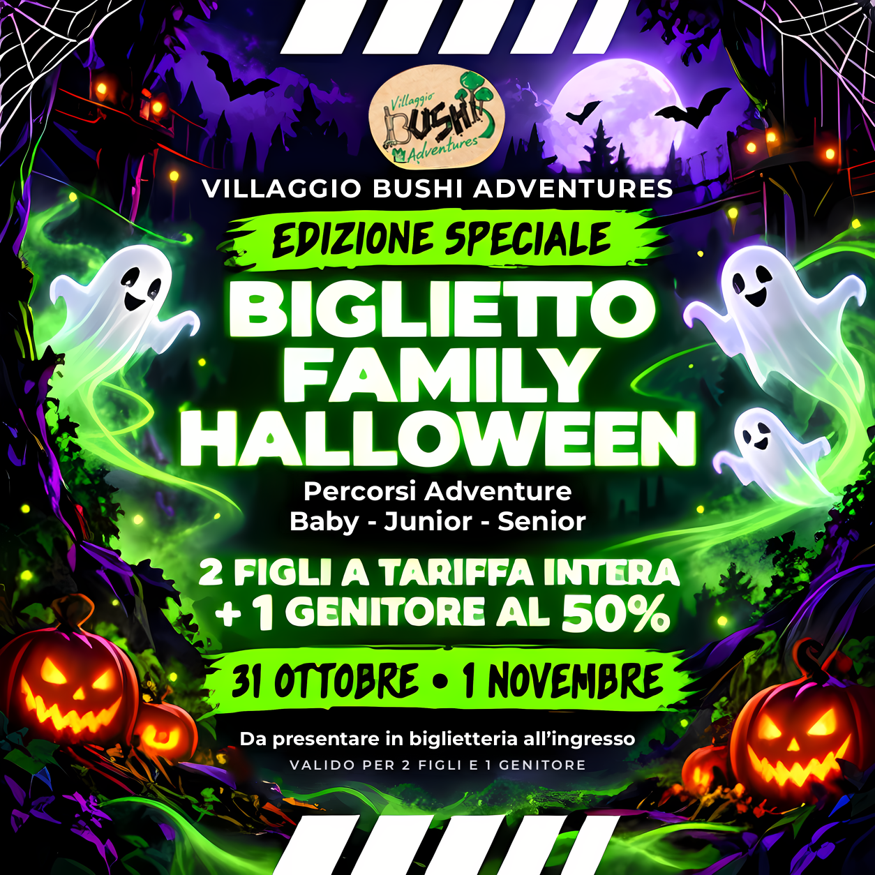 Biglietto Family Halloween al Villaggio Bushi Adventures: 2 figli a tariffa intera e 1 genitore al 50%, 31 ottobre e 1 novembre
